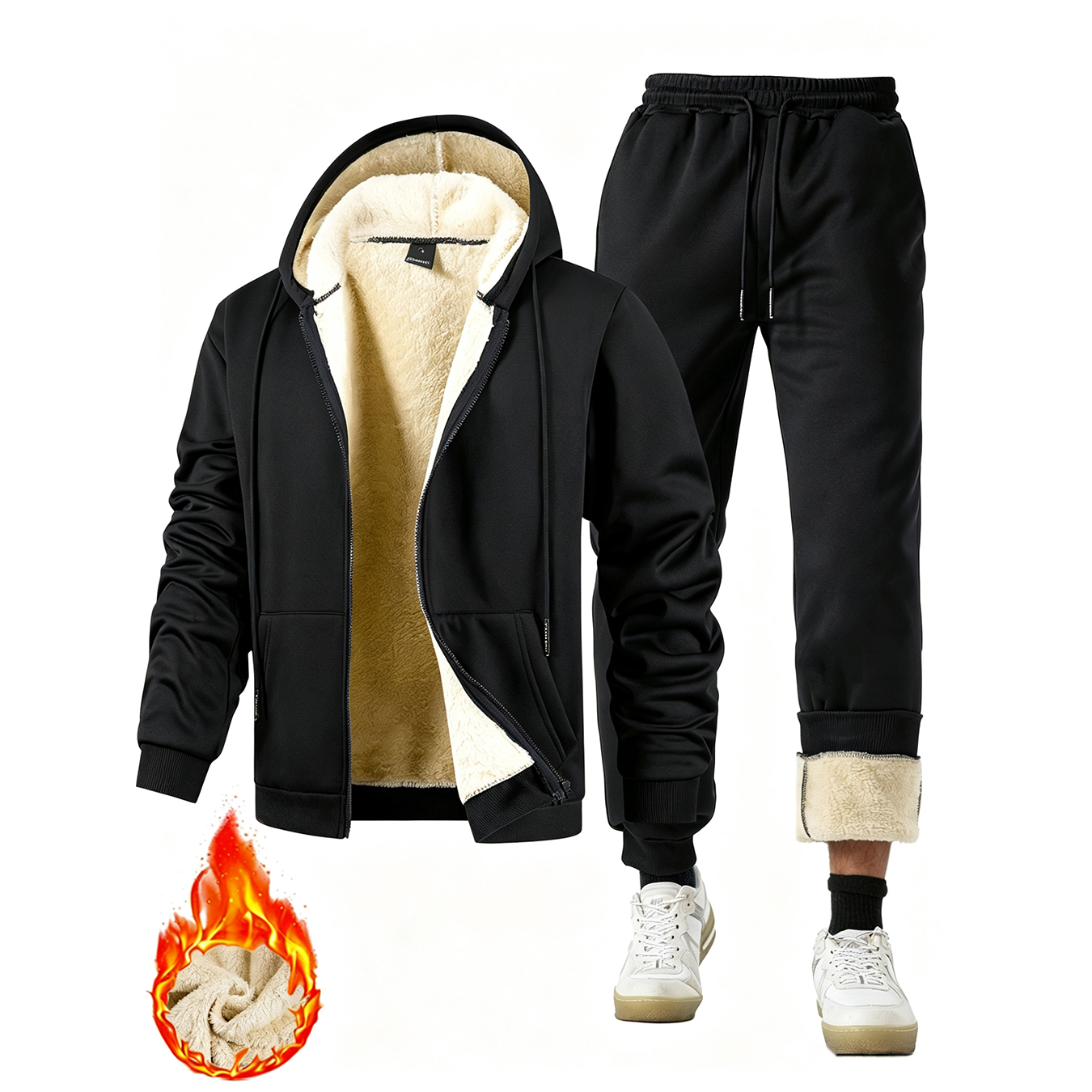Sherpa Hoodie Fleece - Men's Winter 2 Pcs Set Thick