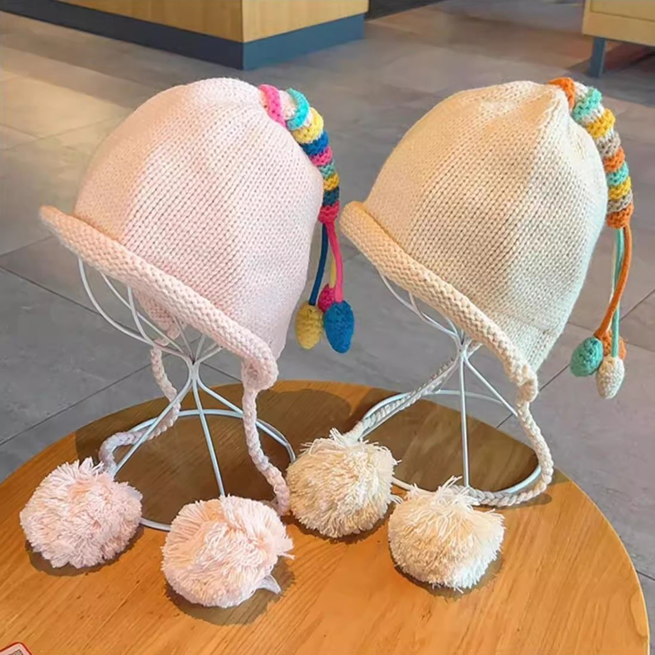 Knit Beanie Hat Warm - Rainbow Tail Children Ear Protection Hat