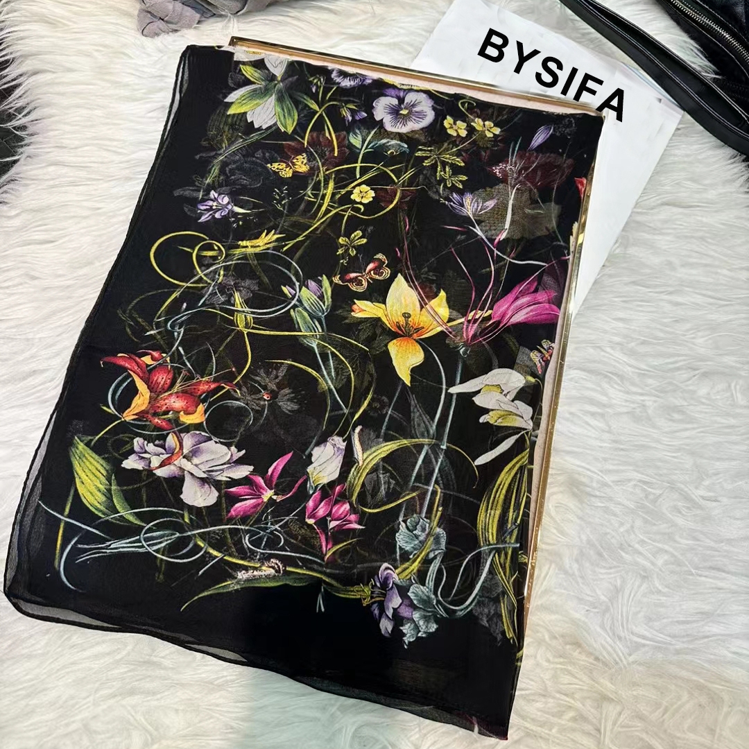 Shawl Wrap Winter - BYSIFA|New Black Pure Silk Women's Scarf